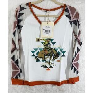 Delila Western Graphic Aztec Long Sleeve Top NWT Embellished with studs